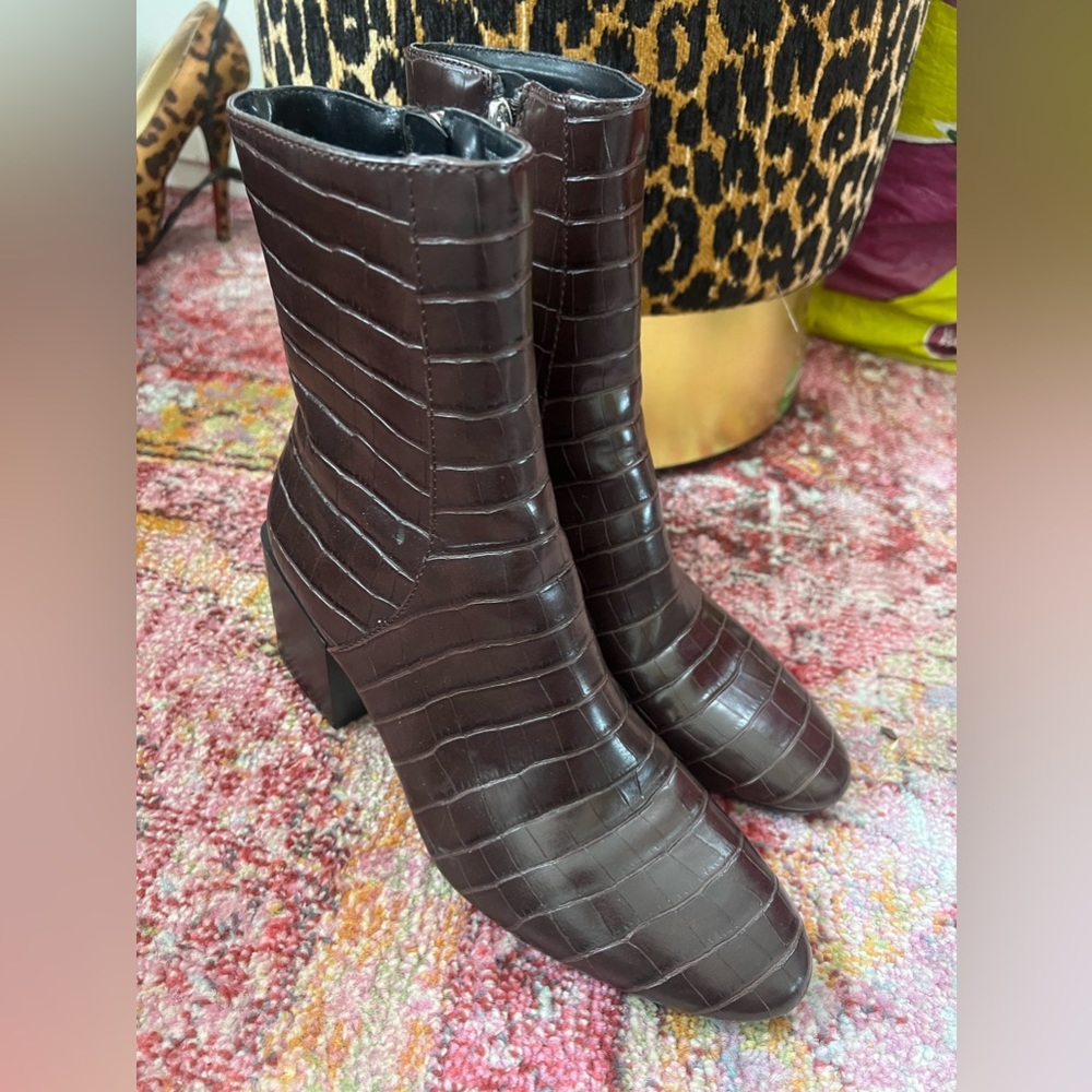 Brown Embossed Leather Ankle Boots